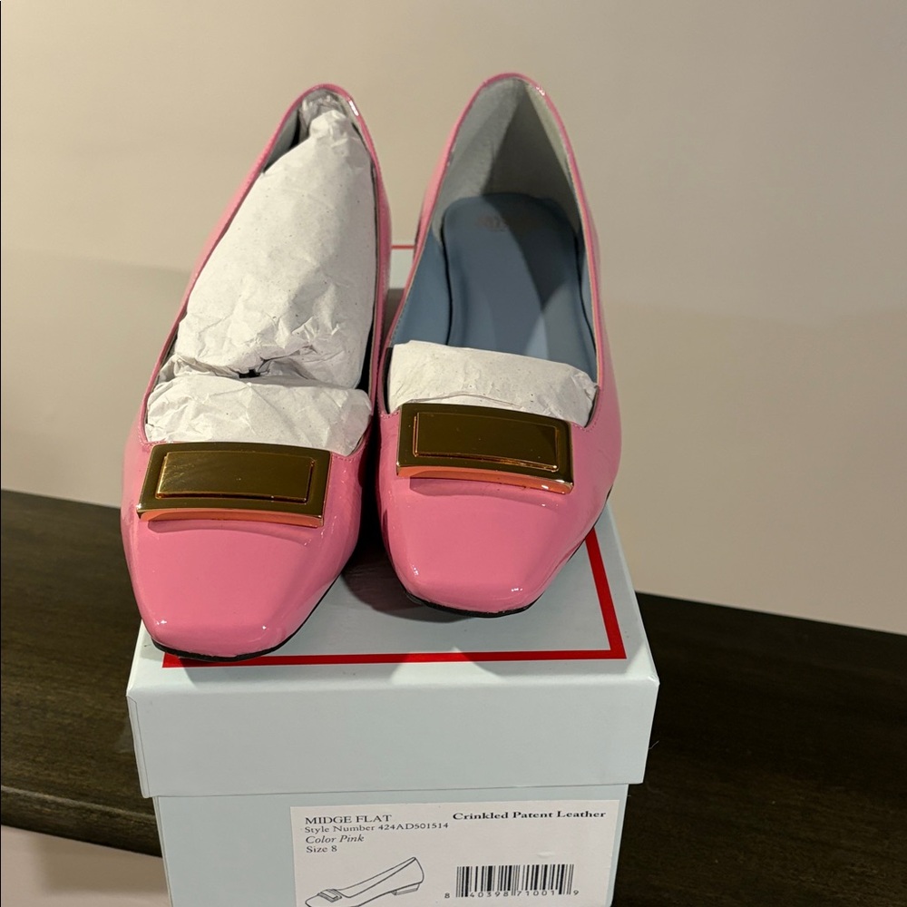 New with Box Frances Valentine Pink Patent Leather Midge Flats with Gold Buckle